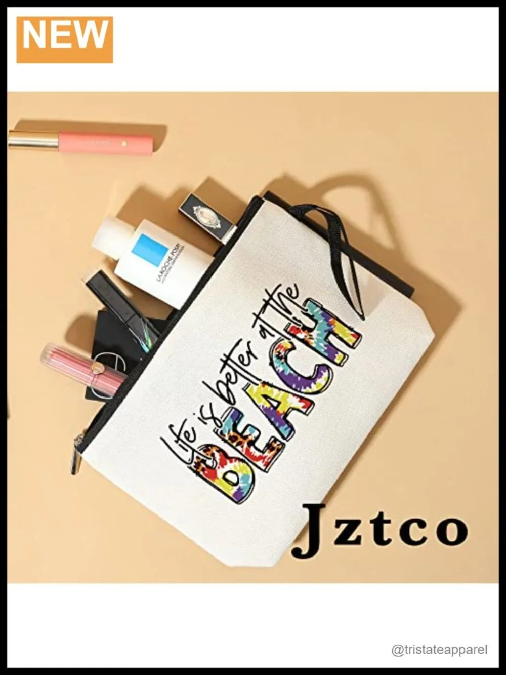Durable Polyester Zippered Makeup Bag with Beach Print Travel Cosmetic Case
